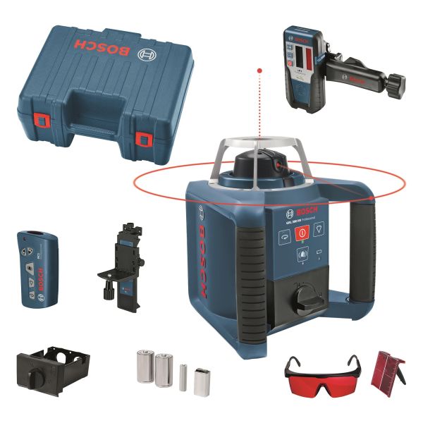 Нівелір лазерний ротаційний Bosch Professional GRL 300 HV, 60м/з приймачем 300м, +/-0.1мм/м, 150/300/600об/хв, IP54, 1.8кг, кейс, приймач LR1, пульт RC1, тримач W