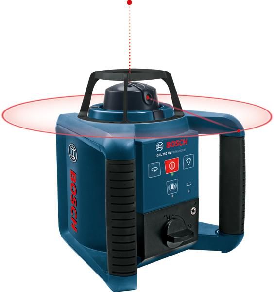 Нівелір лазерний ротаційний Bosch Professional GRL 250 HV, 30м/з приймачем 125м, +/-0.1мм/м, 150/300/600об/хв, IP54, 1.8кг, кейс, пульт RC1, окуляри, мішень