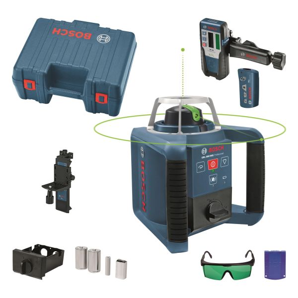 Нівелір лазерний ротаційний Bosch Professional GRL 300 HVG, 300м, +/-0.1мм/м, 150/300/600об/хв, тримач WM4, IP54, 1.8кг, зелений промінь, кейс, приймач LR1, пульт