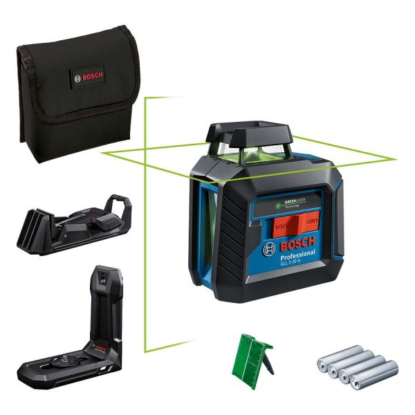 Нівелір лазерний Bosch Professional GLL2-20G+LB10+DK10, до 10, +/-0.2мм/м, 4AAx1.5В, IP64, чохлом, мішень, 0.9кг
