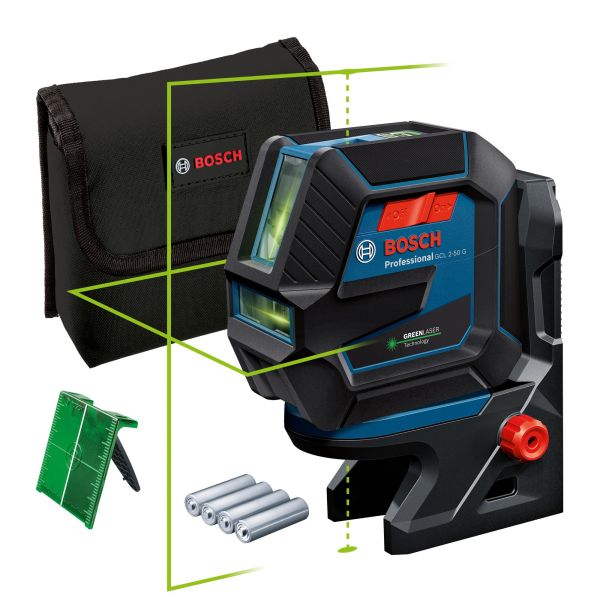 Нівелір лазерний Bosch Professional GCL 2-50 G, до 15м, +/-0.3мм/м, з тримачем RM 10, чохлом, мішенню, 0.58кг