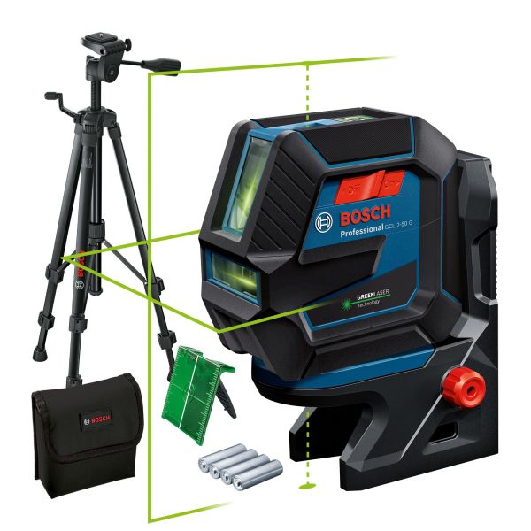 Нівелір лазерний Bosch Professional GCL 2-50 G, до 15м, +/-0.3мм/м, з штативом BT 150, тримачем RM 10, чохлом, мішенню, 0.58кг