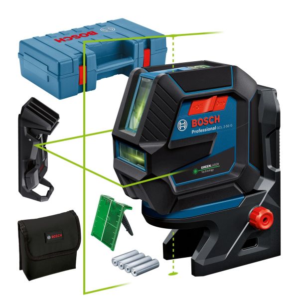 Нівелір лазерний Bosch Professional GCL 2-50 G, до 15м, +/-0.3мм/м, в чемодані з тримачем RM 10, затиском DK 10, чохлом, мішенню, 0.58кг