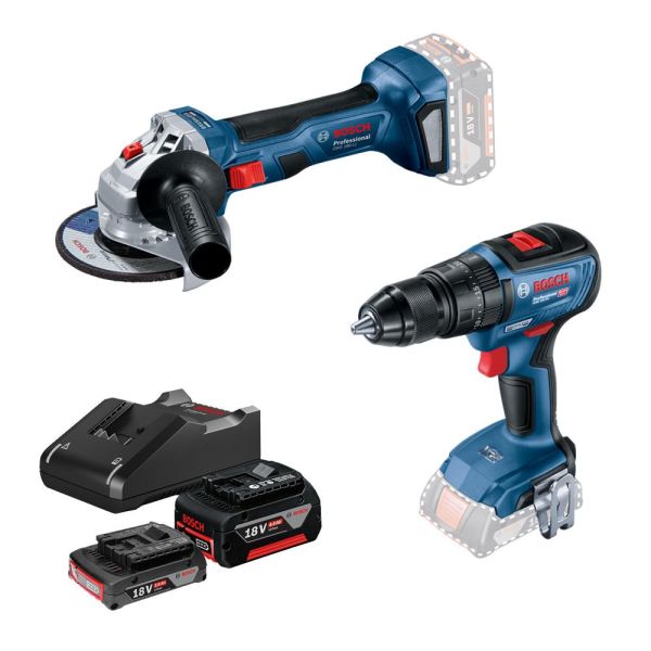 Набір із двох акумуляторних інструментів Bosch Professional 18В шліфмашина кутова GWS180-LI дриль-шурупокрут GSB 18V-50 зарядний пристрій акб 2х4А*год