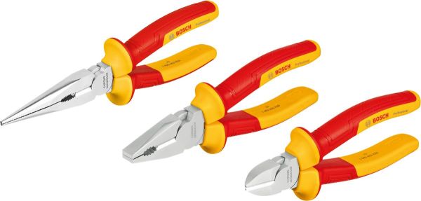 Набір шарнірно-губцевого інструменту Bosch Professional, набір 3 шт, (комбіновані плоскогубці, діагональний бокоріз, плоскогубці з довгим носом), VDE