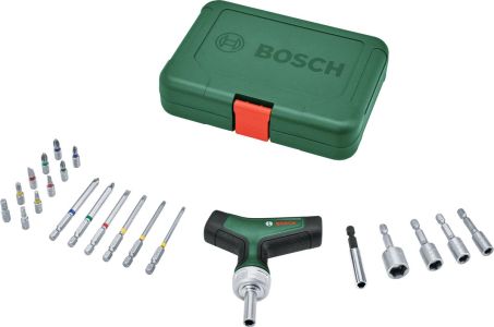 Викрутка Bosch з тріскачкою, Т-подібне руків&#39;я, 20 насадок, 109мм, кейс, сталь CrV