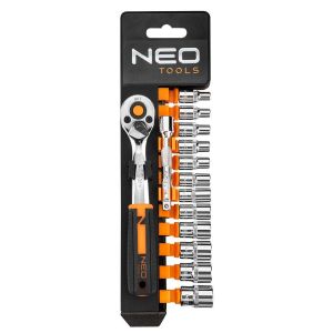 Набір торцевих головок Neo Tools, 14шт, 1/4&quot;, тріскачка 90 зубців, CrV