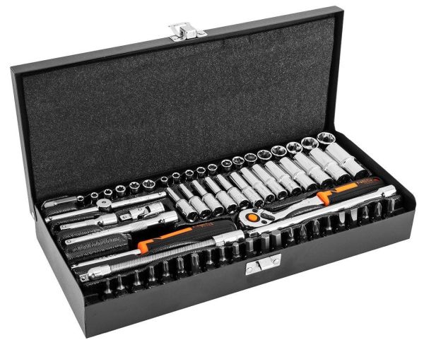 Набір інструментів Neo Tools, набір торцевих головок, 63шт, 1/4", CrV, металевий кейс