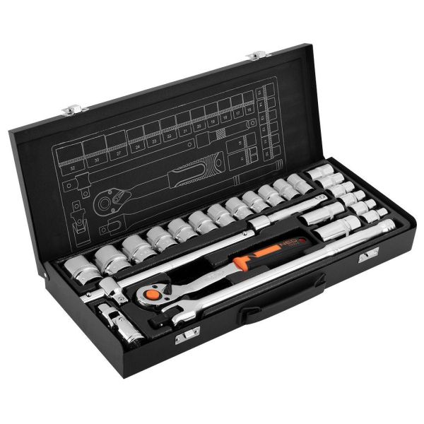 Набір інструментів Neo Tools, набір торцевих головок, 25шт, 1/2", CrV, металевий кейс