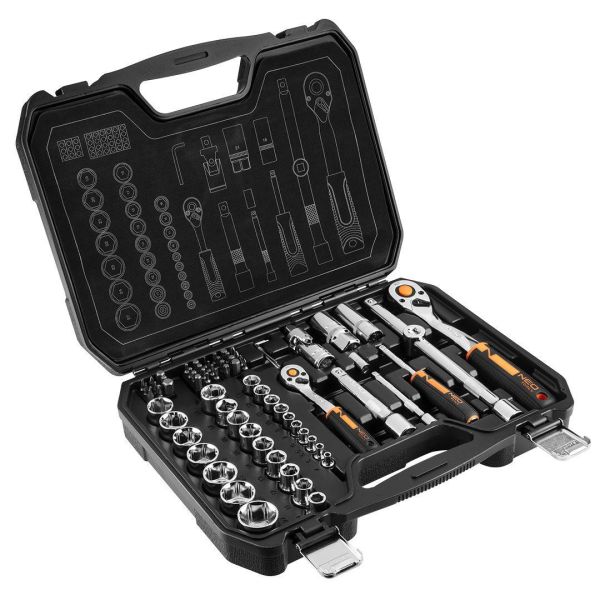 Набір інструментів Neo Tools, Набір торцевих головок, 73шт, 1/2", 1/4", CrV, кейс