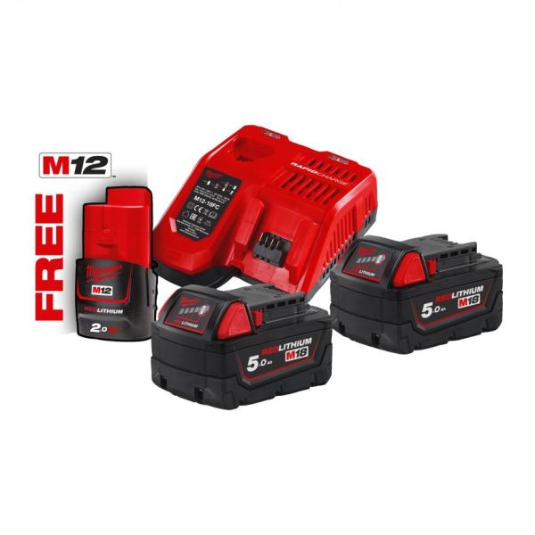 Набір акумулятора та зарядного пристрою Milwaukee NRG-502 12В 1х2А*год Redlithium M12 18В 2х5А*год Redlithium M18 ЗП M12-18FC