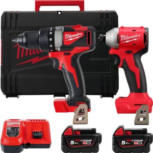 Набір із двох акумуляторних інструментів Milwaukee M18 BLPP2A3-502X 18В шурупокрут-дриль M18 BLPD2 гвинтоверт ударний M18 BLIDR акб М18 2х5А&#183;год ЗП M12-18FC кей