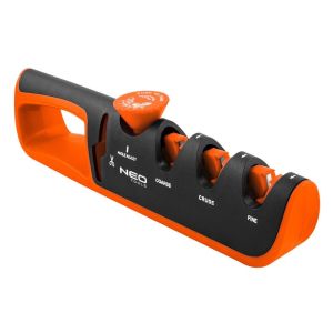 Точилка для ножів та ножиць Neo Tools, 77х290х47мм, 3 етапи заточування, алмаз, карбід вольфраму та кераміка, регулювання кута заточування, ABS-пластик та TPR г