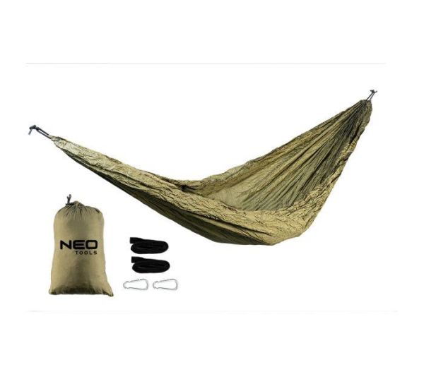 Гамак Neo Tools, матеріал нейлон 210T, 330x140см, до 200кг, шнури, сумка для перенесення, зелений