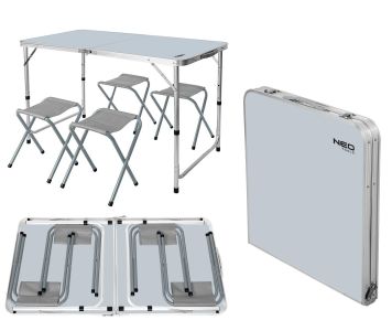 Набір стіл та стільці розкладні Neo Tools, стіл 60х120х60см, 4 стільці 36х34Х27см, 6.9кг