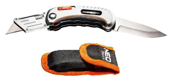 Ніж будівельний трапецієподібний складаний Neo Tools, 2 наконечники, 5 лез у наборі, чохол