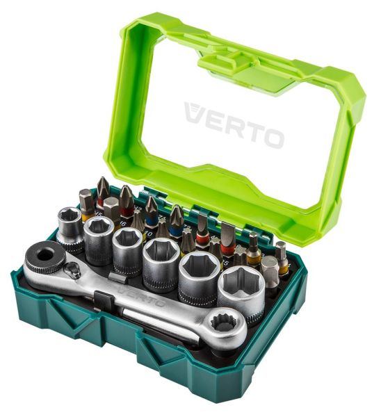 Біти Verto,набір 24шт, 1/4", бітотримач, перехідник, ключ з тріскачкою, торцеві головки 6шт, SL,PH,PZ,H,T, кейс